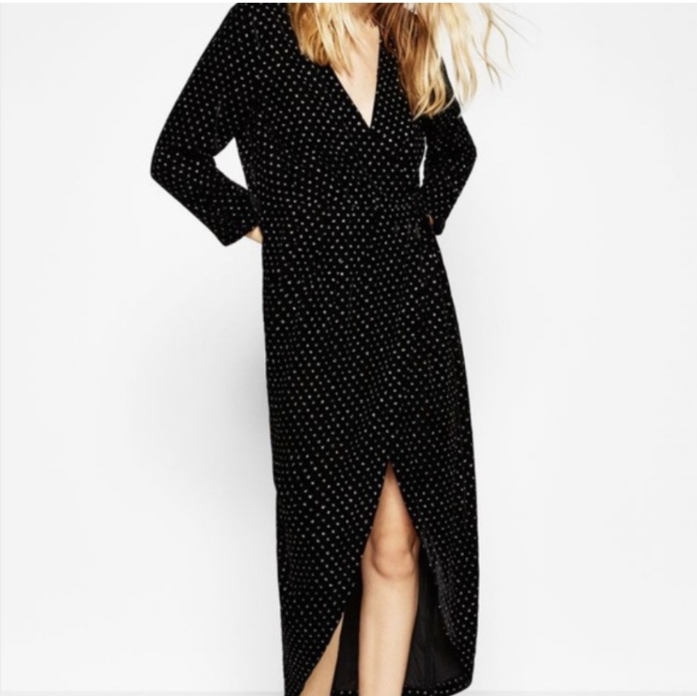 Zara Velvet Polka Dot Wrap Dress, Size S